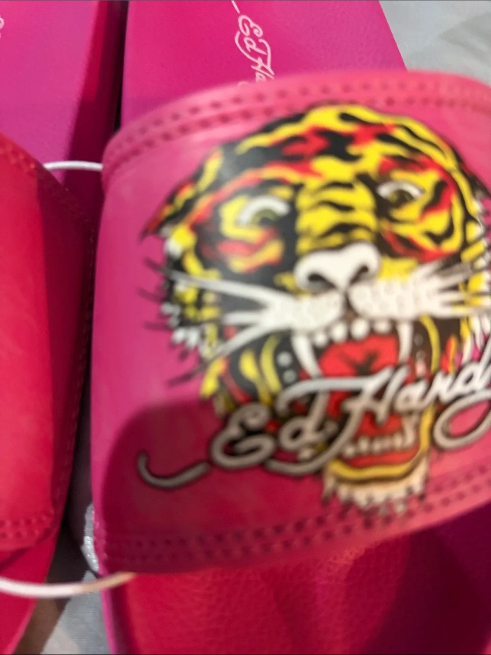 Ed Hardy Hot Pink Tiger Graphic Slide Sandals